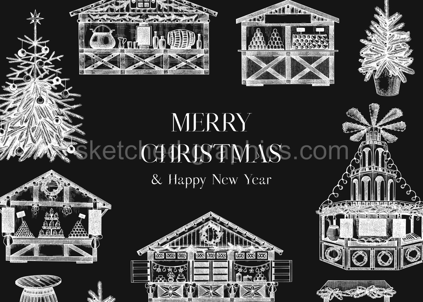 Vintage Christmas background. European Christmas market with souvenir stalls, Christmas tree, fast food, candy shops sketches. Winter holidays invitation or greeting card template on chalkboard Illustration